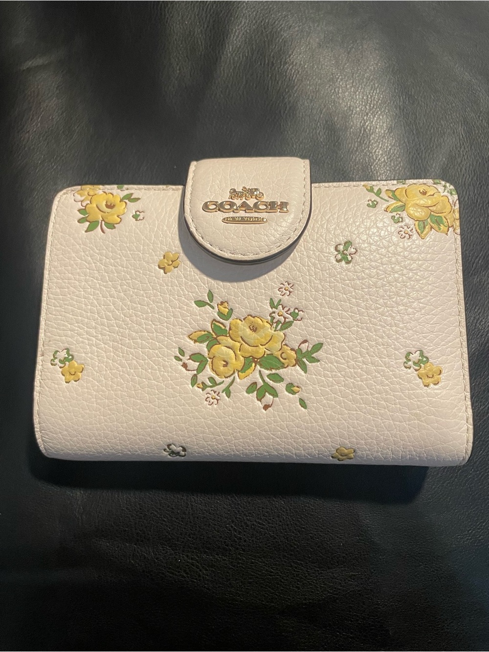 Coach White Leather Wallet with Yellow Floral Print